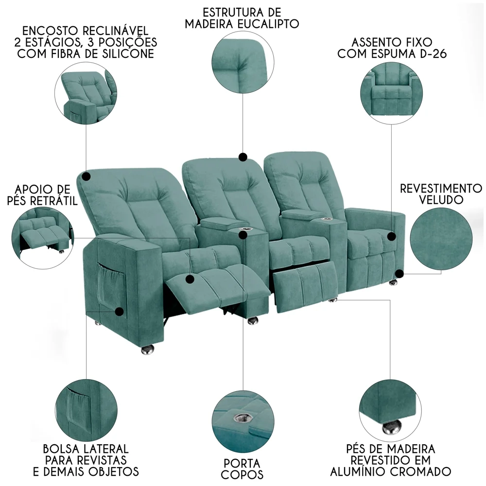 Poltrona Reclinável Para Cinema 3 Lugares Praddo FH9 Veludo Azul Claro - Mpozenato