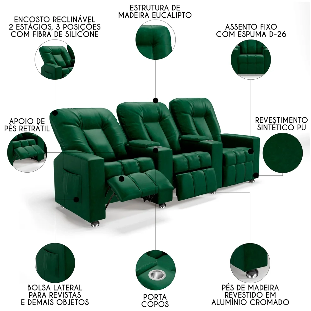 Poltrona Reclinável Para Cinema 3 Lugares Praddo FH9 PU Verde - Mpozenato