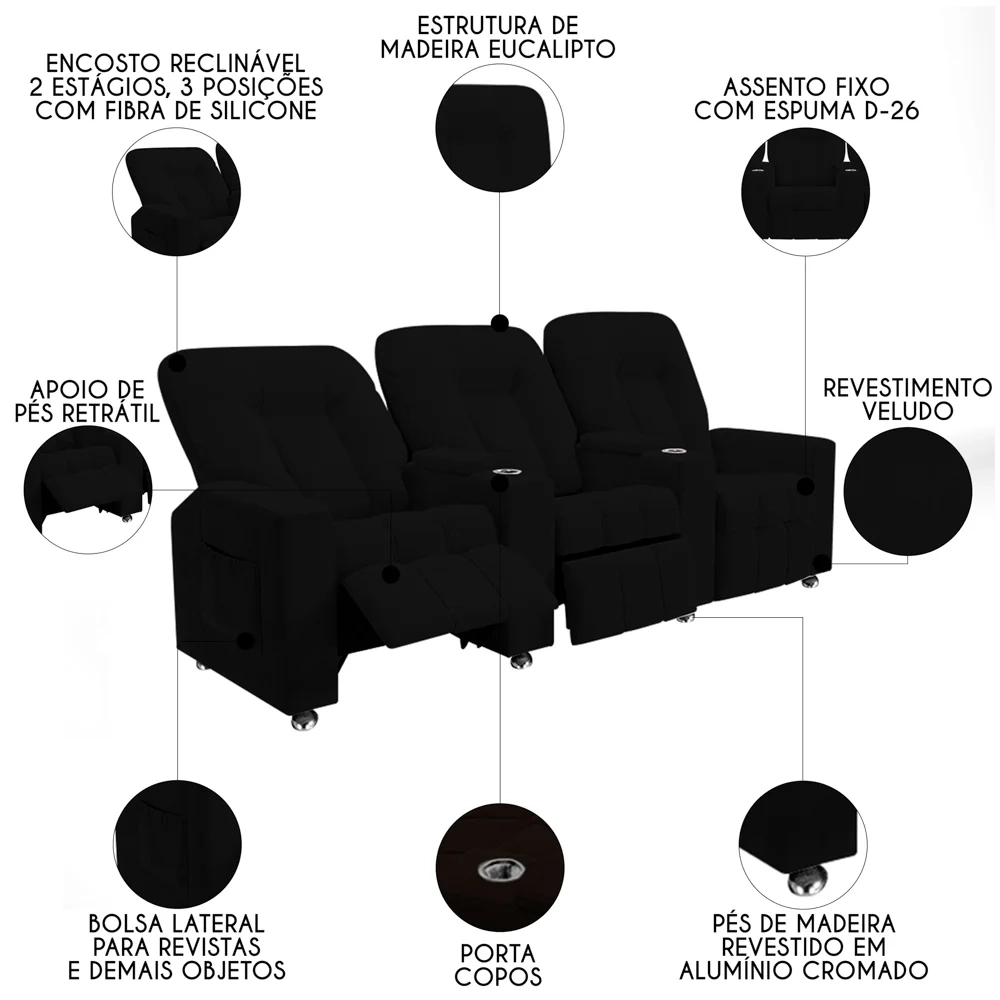 Poltrona Reclinável Para Cinema 3 Lugares Praddo FH9 Veludo Preto - Mpozenato