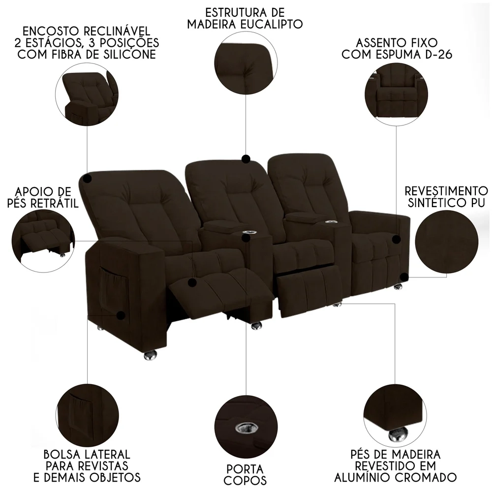 Poltrona Reclinável Para Cinema 3 Lugares Praddo FH9 PU Marrom - Mpozenato
