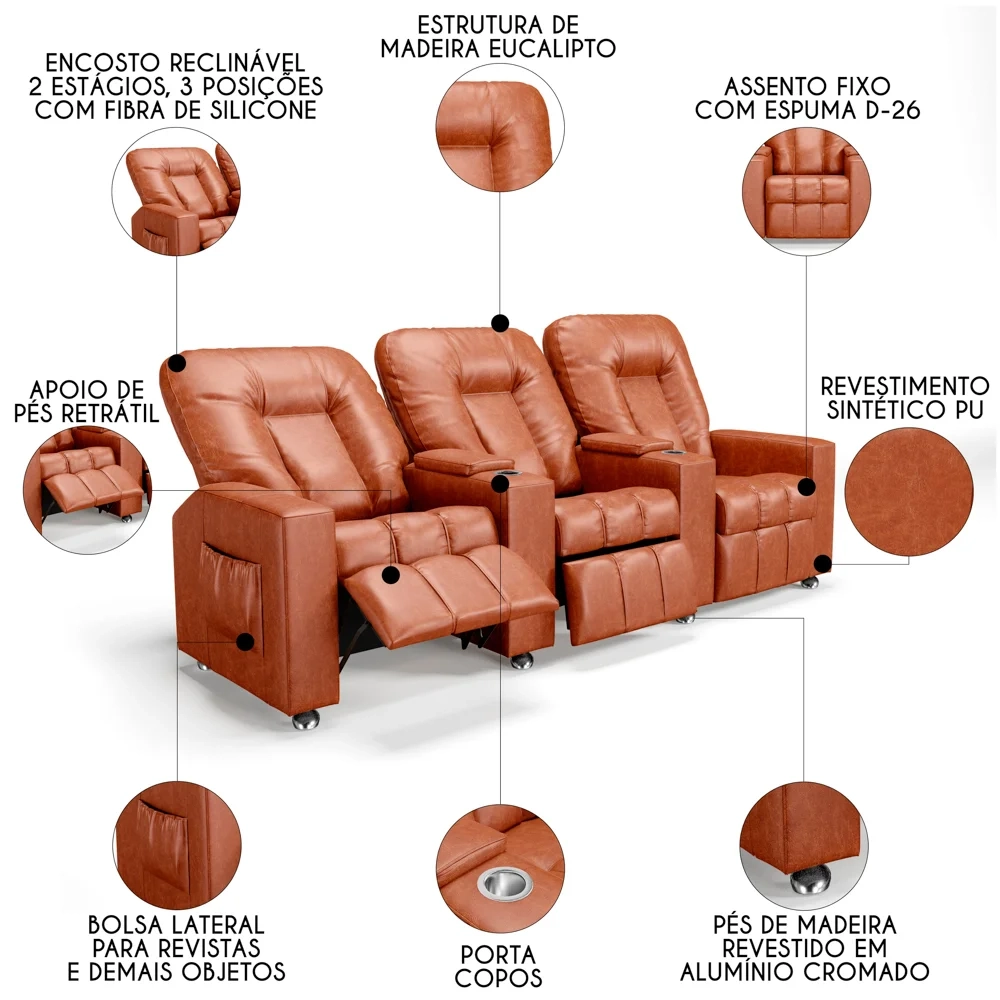 Poltrona Reclinável Para Cinema 3 Lugares Praddo FH9 PU Camel - Mpozenato