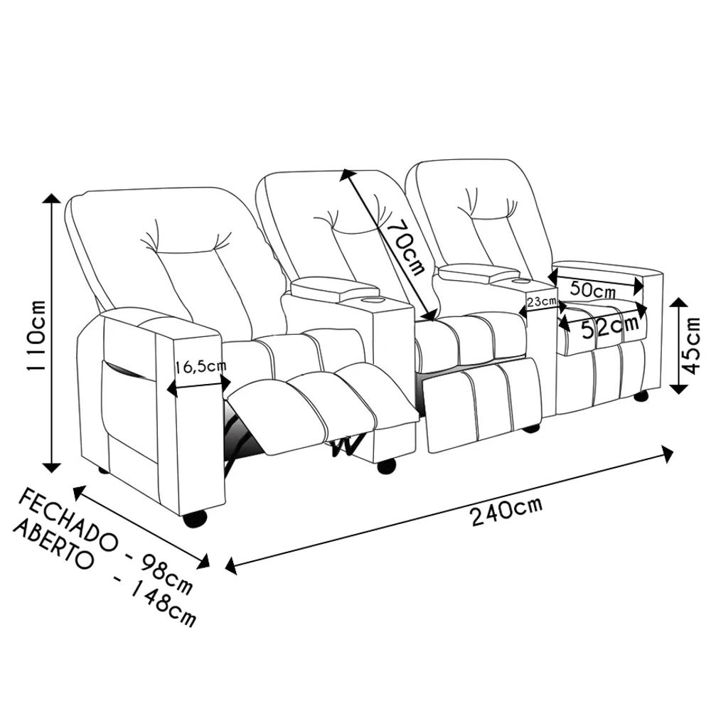 Poltrona Reclinável Para Cinema 3 Lugares Praddo FH9 PU Preto - Mpozenato