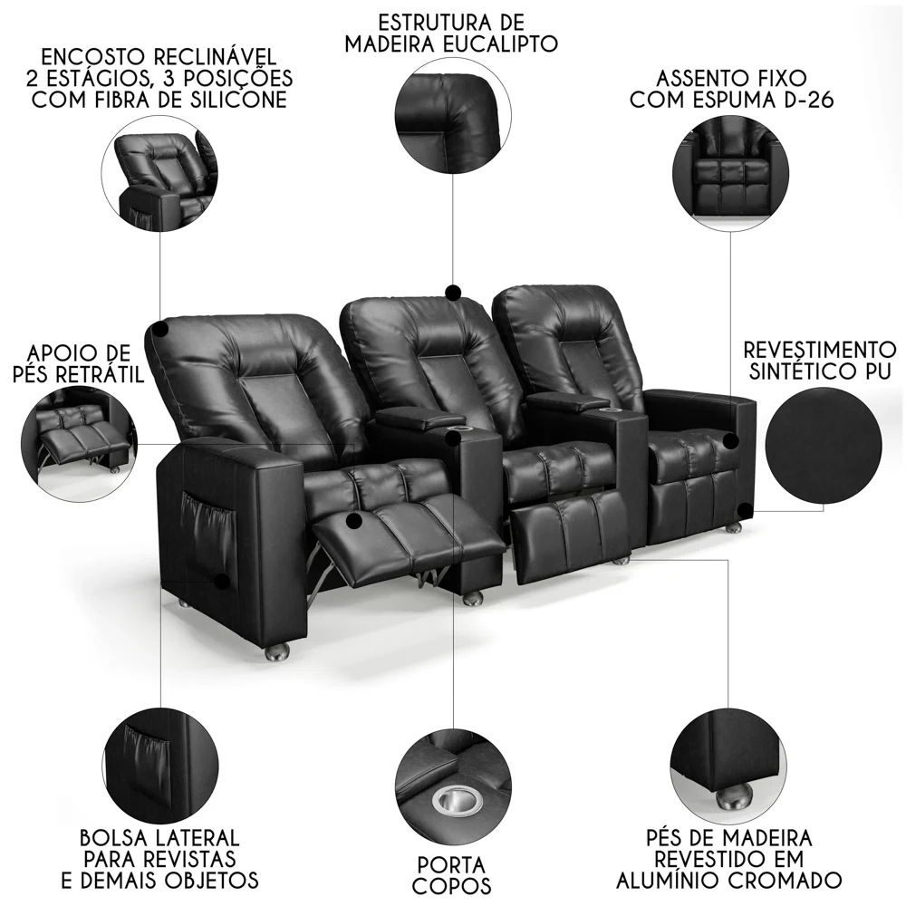 Poltrona Reclinável Para Cinema 3 Lugares Praddo FH9 PU Preto - Mpozenato