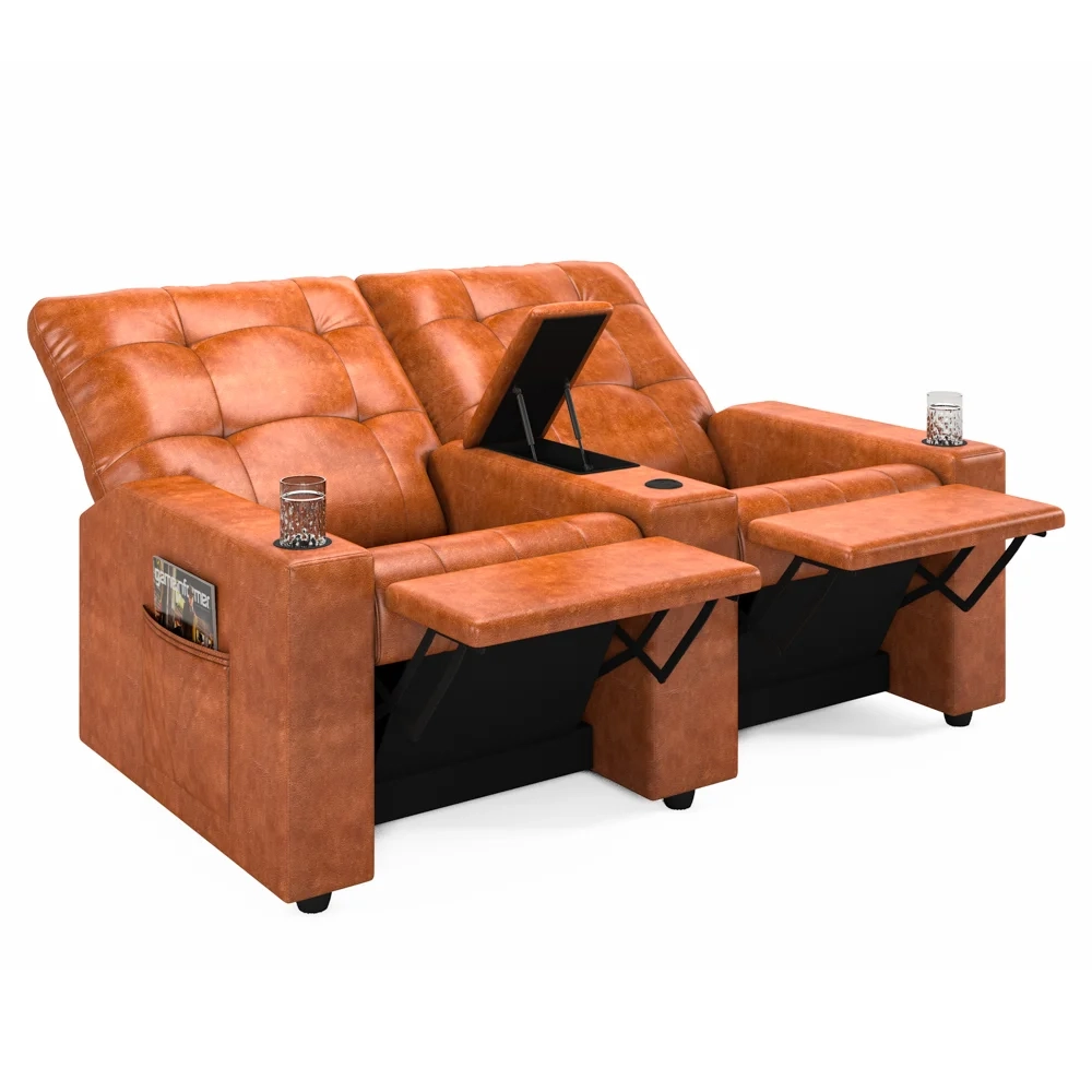 Poltrona de Cinema Reclinável 2 Lugares Baú USB Mallie FH9 PU Caramelo Brilho - Mpozenato