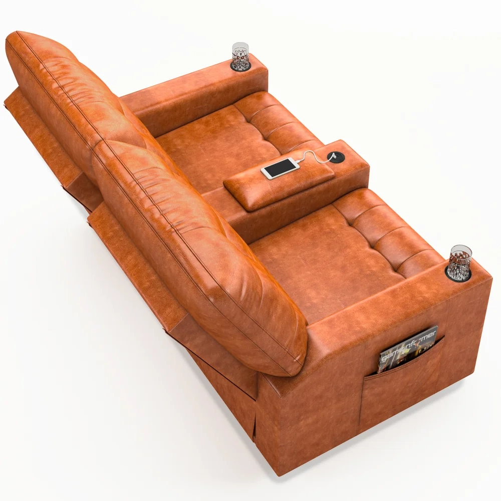 Poltrona de Cinema Reclinável 2 Lugares Baú USB Mallie FH9 PU Caramelo Brilho - Mpozenato