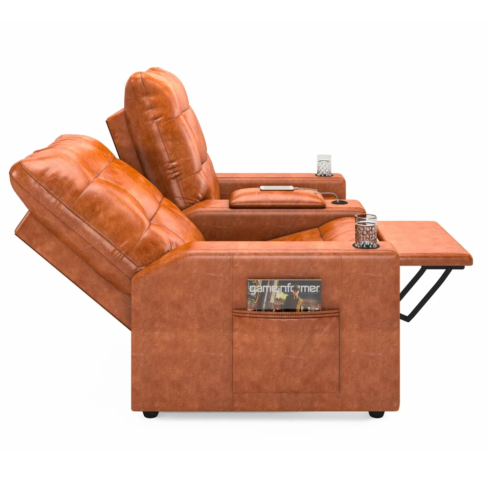 Poltrona de Cinema Reclinável 2 Lugares Baú USB Mallie FH9 PU Caramelo Brilho - Mpozenato