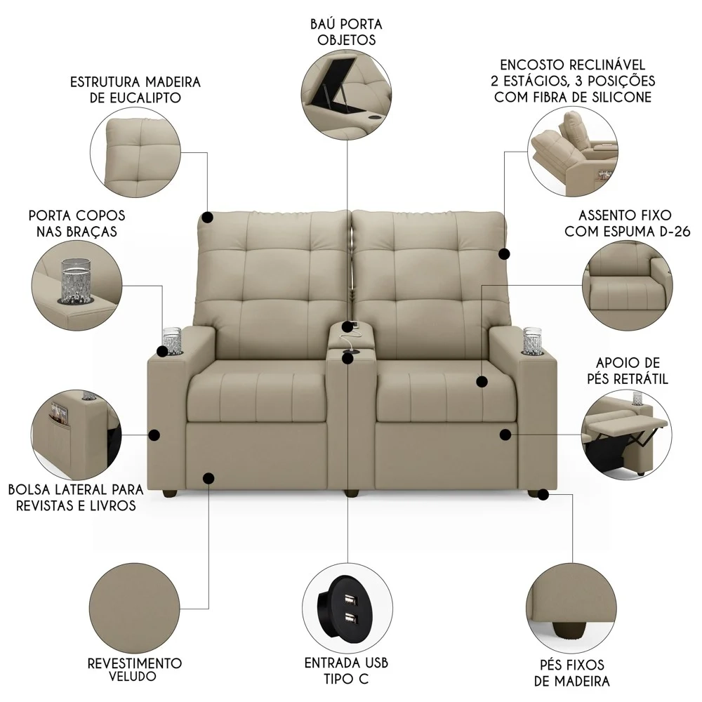 Poltrona de Cinema Reclinável 2 Lugares Baú USB Mallie FH9 Veludo Bege - Mpozenato