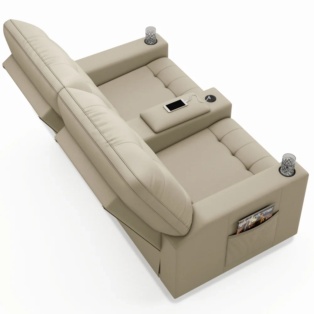 Poltrona de Cinema Reclinável 2 Lugares Baú USB Mallie FH9 Veludo Bege - Mpozenato