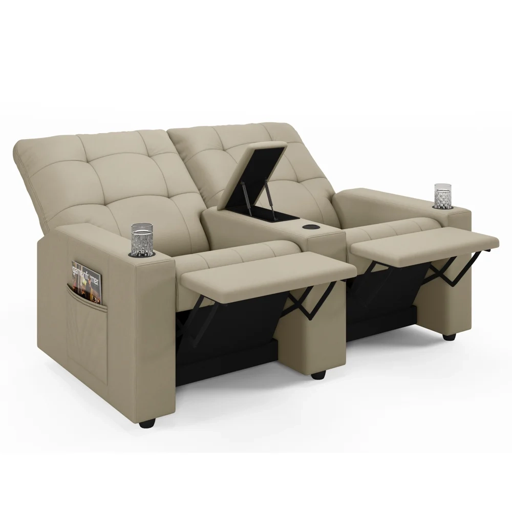 Poltrona de Cinema Reclinável 2 Lugares Baú USB Mallie FH9 Veludo Bege - Mpozenato
