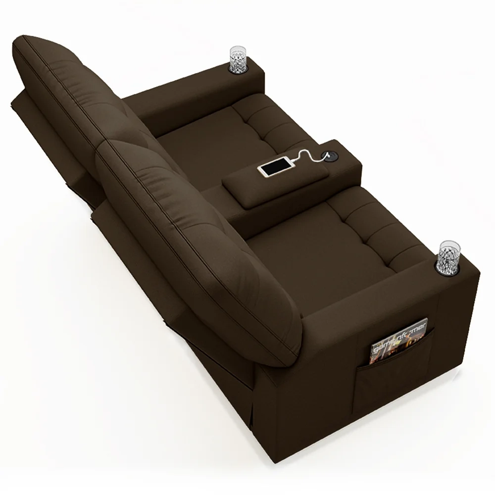 Poltrona de Cinema Reclinável 2 Lugares Baú USB Mallie FH9 Veludo Marrom - Mpozenato