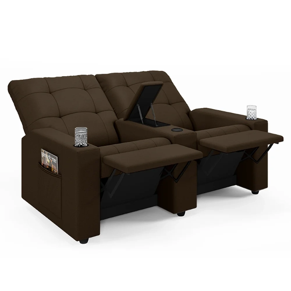 Poltrona de Cinema Reclinável 2 Lugares Baú USB Mallie FH9 Veludo Marrom - Mpozenato