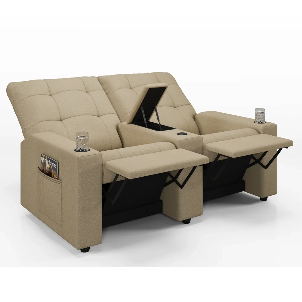 Poltrona de Cinema Reclinável 2 Lugares Baú USB Mallie FH9 Linho Bege - Mpozenato
