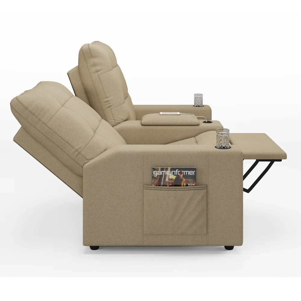 Poltrona de Cinema Reclinável 2 Lugares Baú USB Mallie FH9 Linho Bege - Mpozenato
