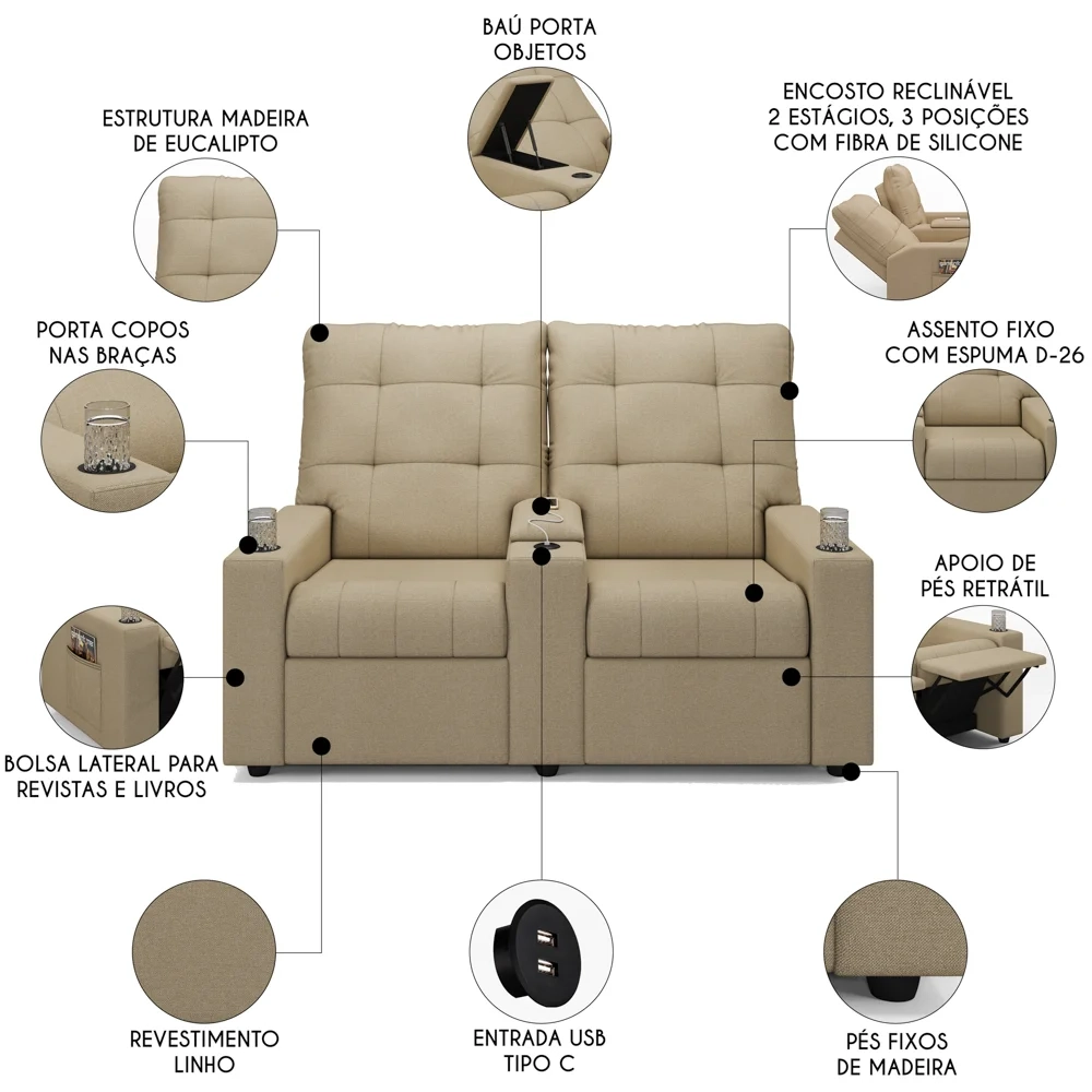 Poltrona de Cinema Reclinável 2 Lugares Baú USB Mallie FH9 Linho Bege - Mpozenato