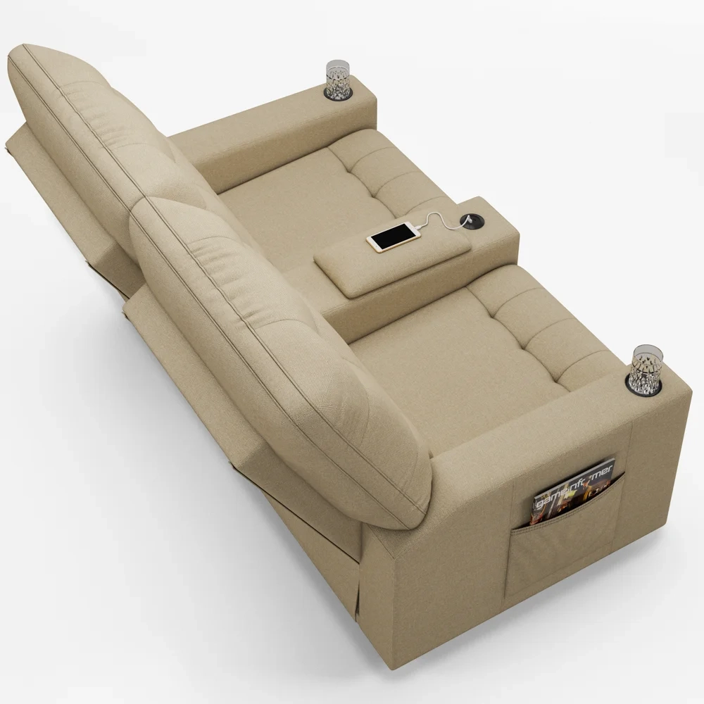 Poltrona de Cinema Reclinável 2 Lugares Baú USB Mallie FH9 Linho Bege - Mpozenato