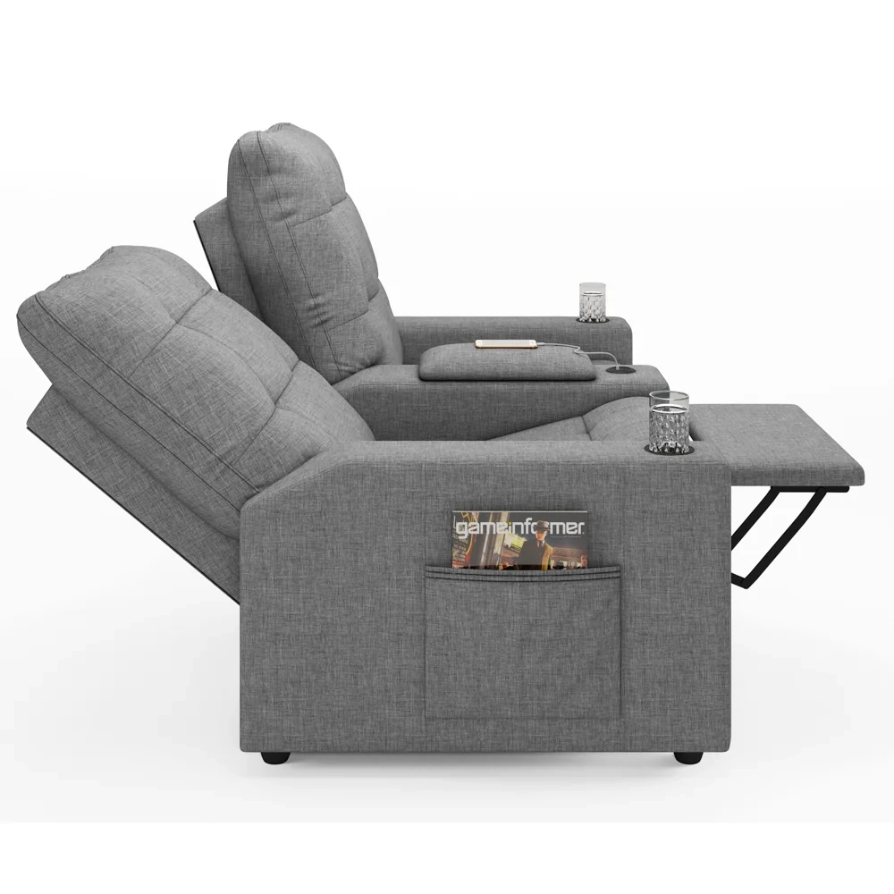 Poltrona de Cinema Reclinável 2 Lugares Baú USB Mallie FH9 Linho Cinza - Mpozenato