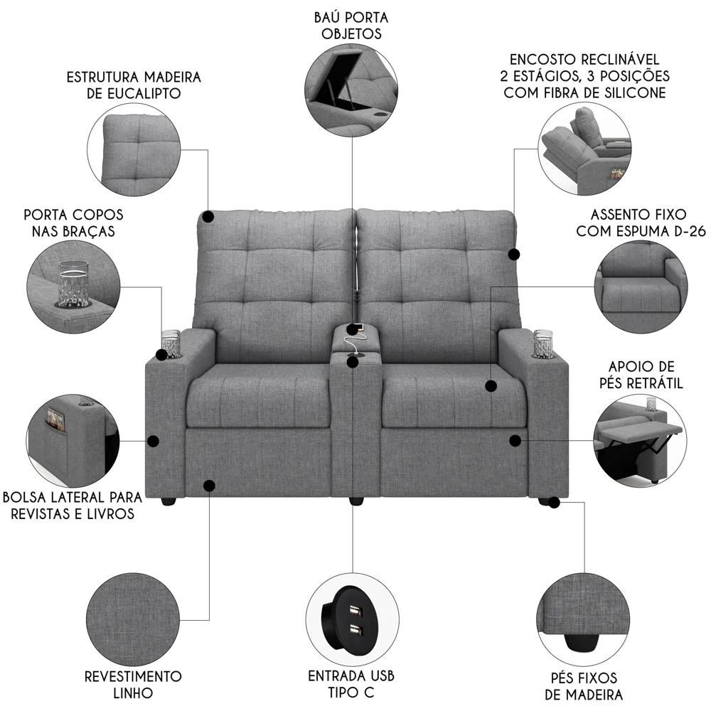 Poltrona de Cinema Reclinável 2 Lugares Baú USB Mallie FH9 Linho Cinza - Mpozenato