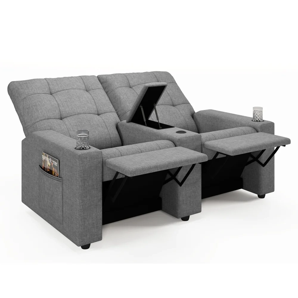 Poltrona de Cinema Reclinável 2 Lugares Baú USB Mallie FH9 Linho Cinza - Mpozenato