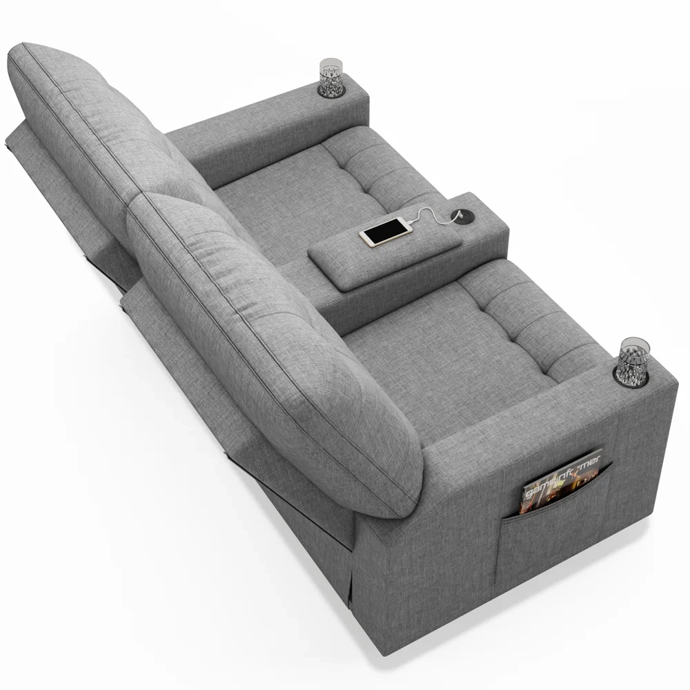 Poltrona de Cinema Reclinável 2 Lugares Baú USB Mallie FH9 Linho Cinza - Mpozenato