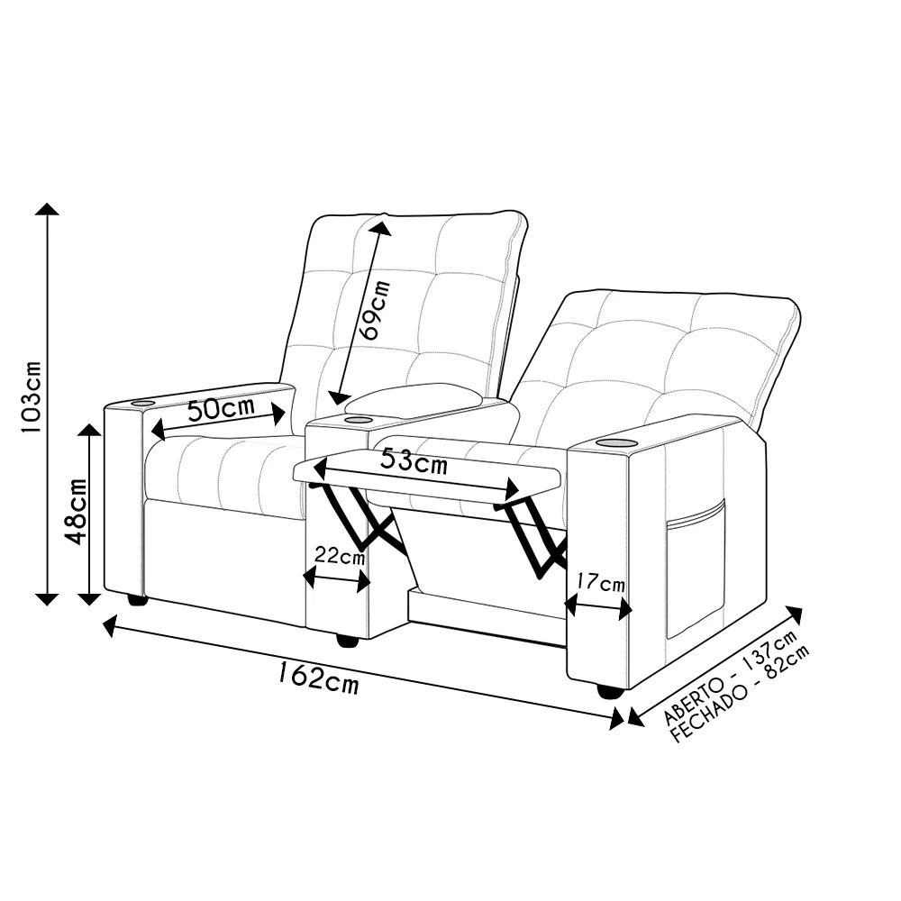 Poltrona de Cinema Reclinável 2 Lugares Baú USB Mallie FH9 Linho Cinza - Mpozenato
