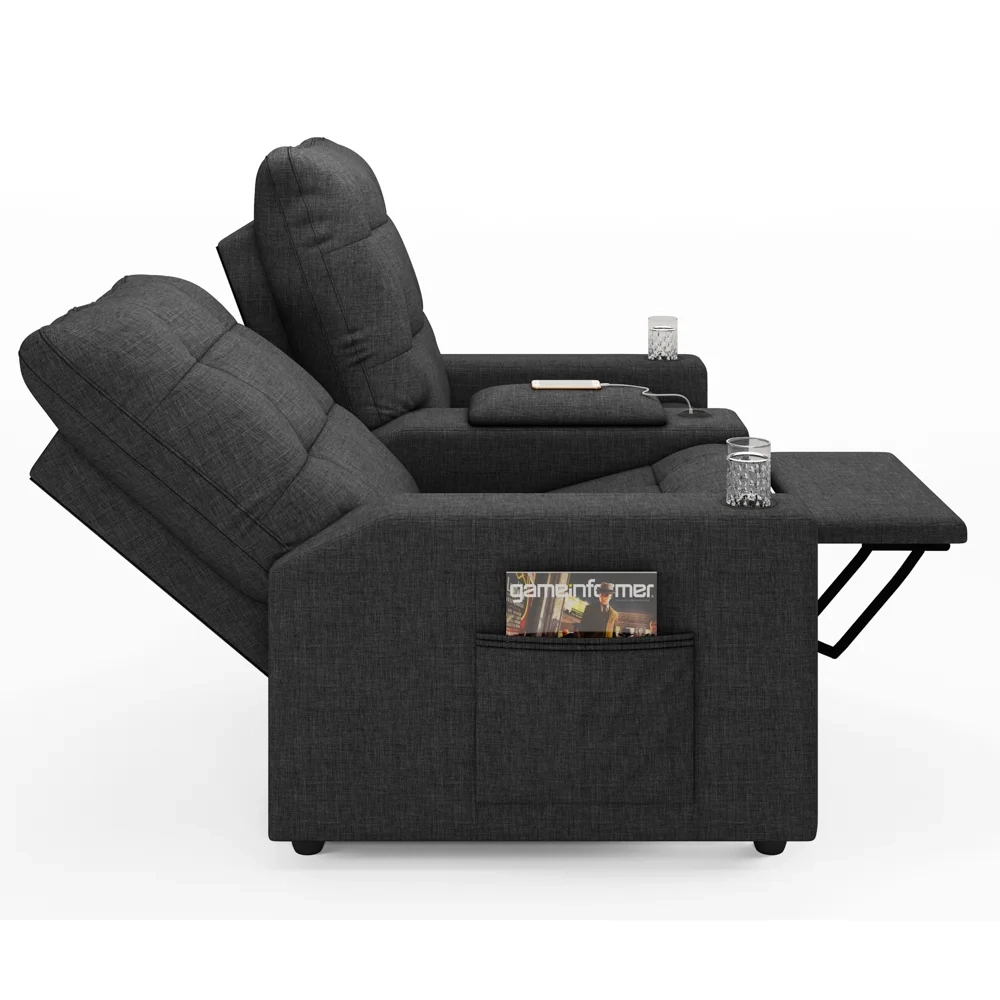 Poltrona de Cinema Reclinável 2 Lugares Baú USB Mallie FH9 Linho Grafite - Mpozenato