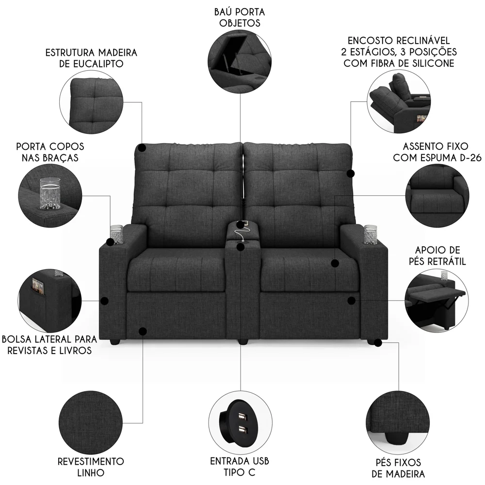 Poltrona de Cinema Reclinável 2 Lugares Baú USB Mallie FH9 Linho Grafite - Mpozenato