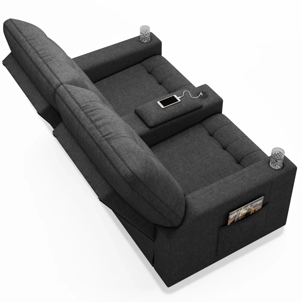 Poltrona de Cinema Reclinável 2 Lugares Baú USB Mallie FH9 Linho Grafite - Mpozenato