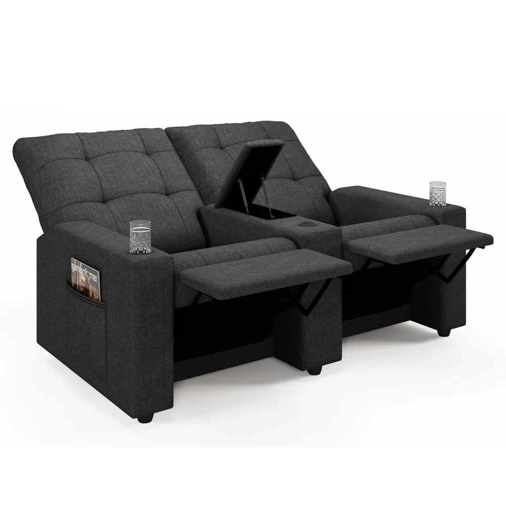 Poltrona de Cinema Reclinável 2 Lugares Baú USB Mallie FH9 Linho Grafite - Mpozenato