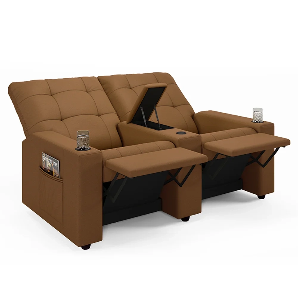 Poltrona de Cinema Reclinável 2 Lugares Baú USB Mallie FH9 PU Caramelo - Mpozenato