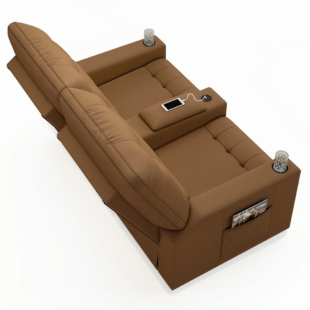 Poltrona de Cinema Reclinável 2 Lugares Baú USB Mallie FH9 PU Caramelo - Mpozenato