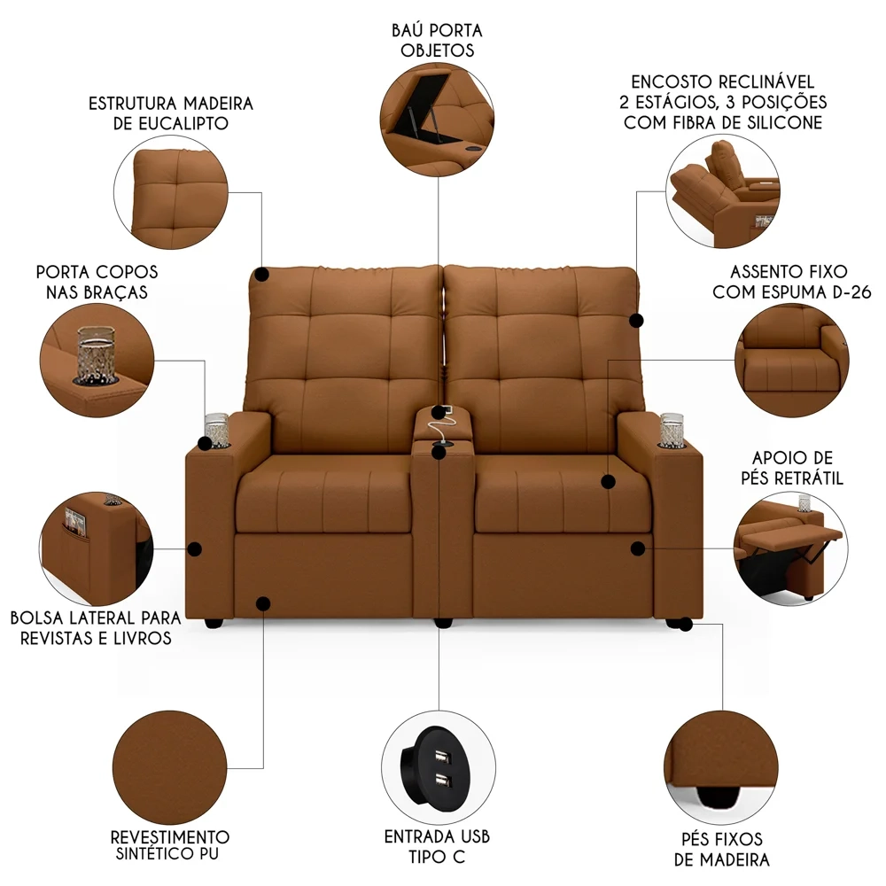 Poltrona de Cinema Reclinável 2 Lugares Baú USB Mallie FH9 PU Caramelo - Mpozenato
