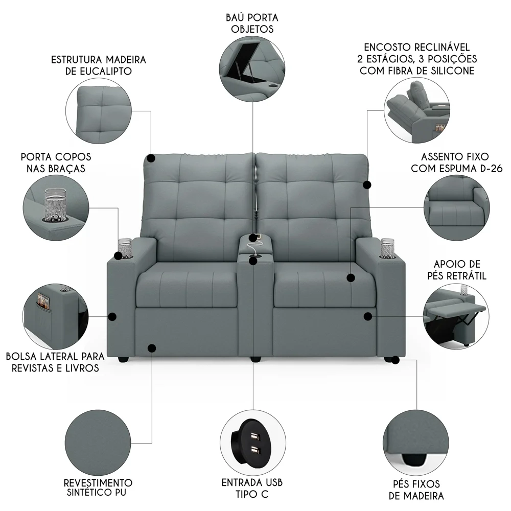 Poltrona de Cinema Reclinável 2 Lugares Baú USB Mallie FH9 PU Cinza - Mpozenato