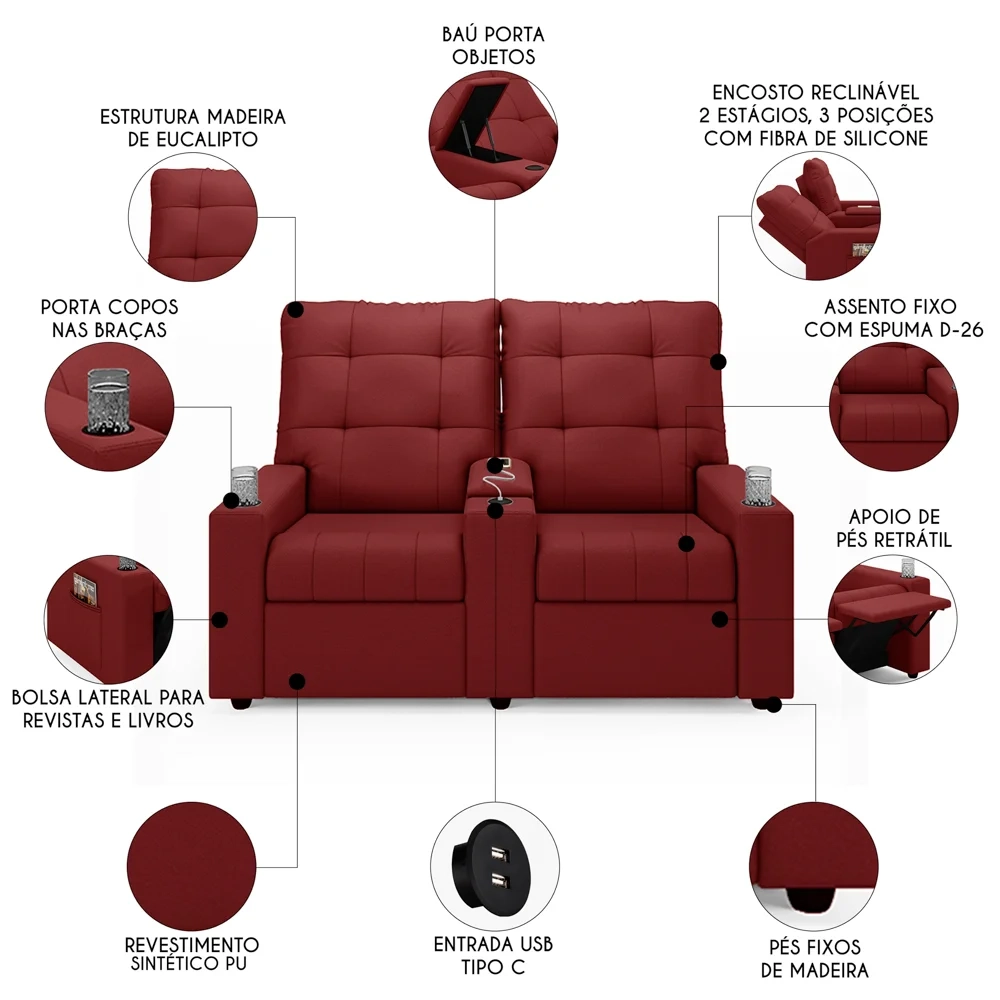 Poltrona de Cinema Reclinável 2 Lugares Baú USB Mallie FH9 PU Vermelho - Mpozenato