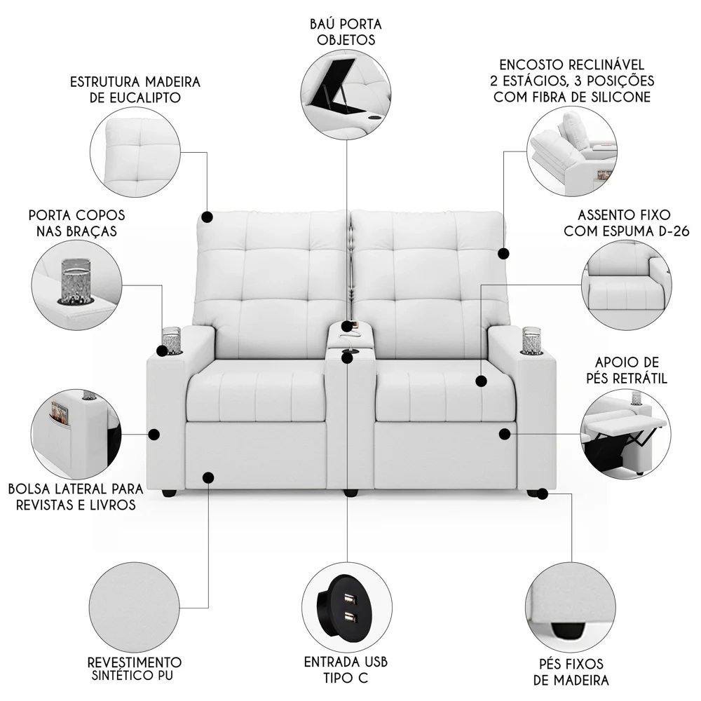 Poltrona de Cinema Reclinável 2 Lugares Baú USB Mallie FH9 PU Branco - Mpozenato