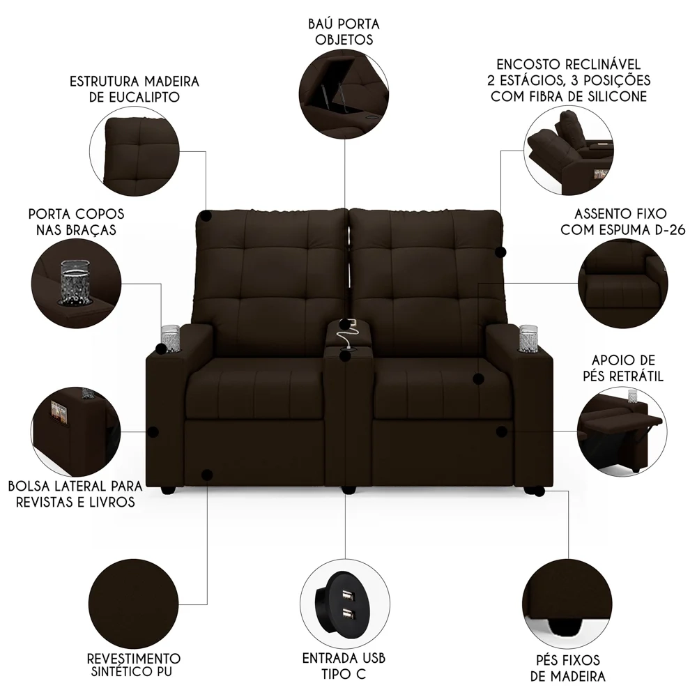 Poltrona de Cinema Reclinável 2 Lugares Baú USB Mallie FH9 PU Marrom - Mpozenato