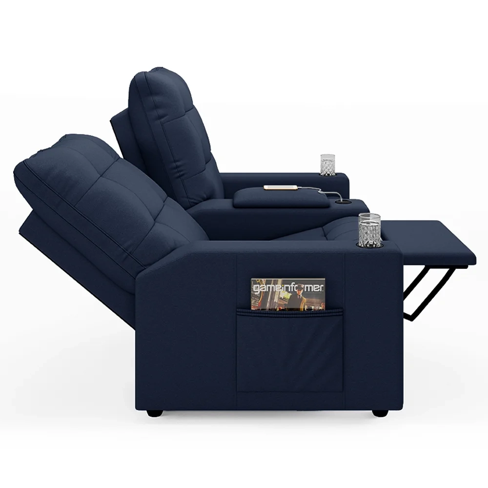Poltrona de Cinema Reclinável 2 Lugares Baú USB Mallie FH9 PU Azul - Mpozenato