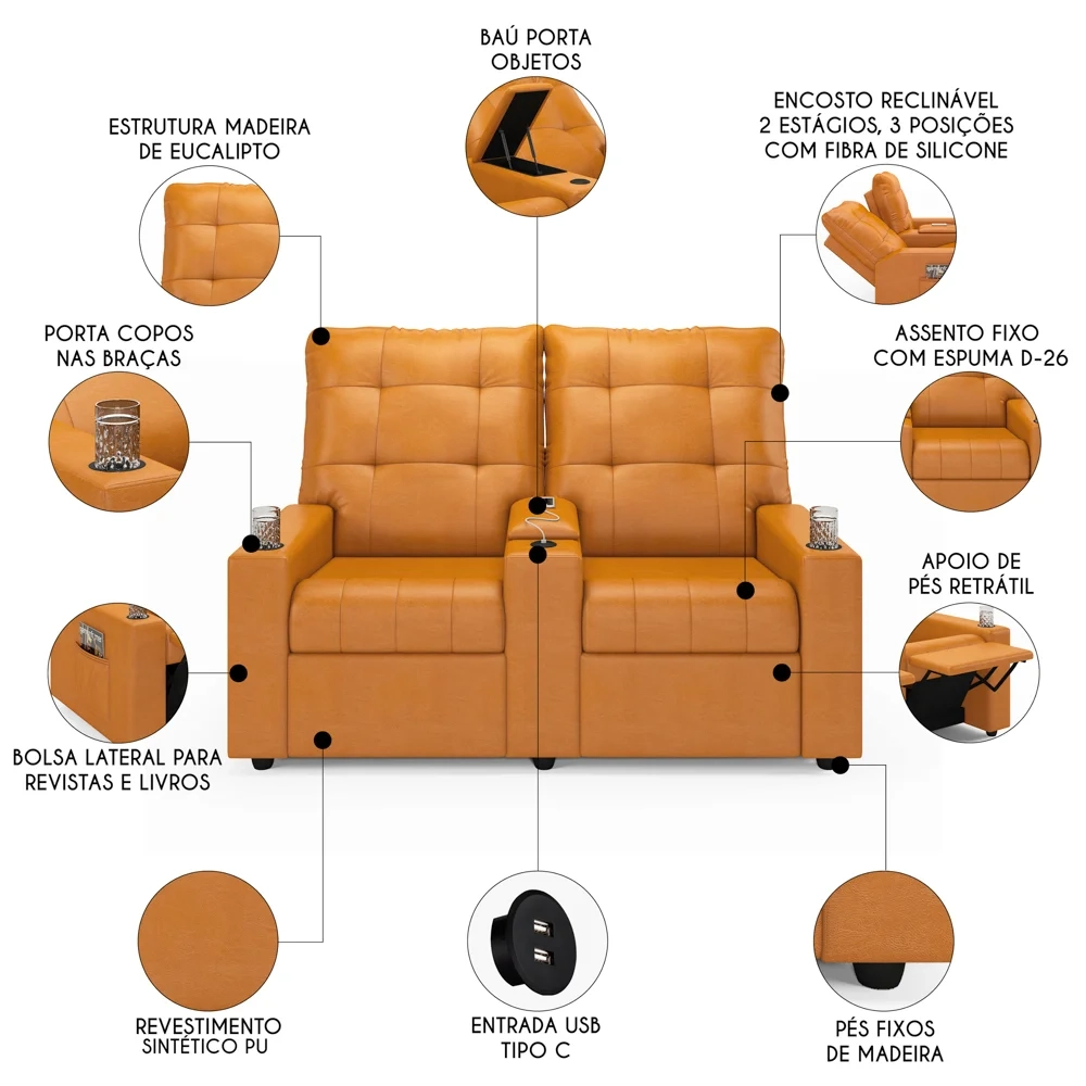 Poltrona de Cinema Reclinável 2 Lugares Baú USB Mallie FH9 PU Whisky - Mpozenato