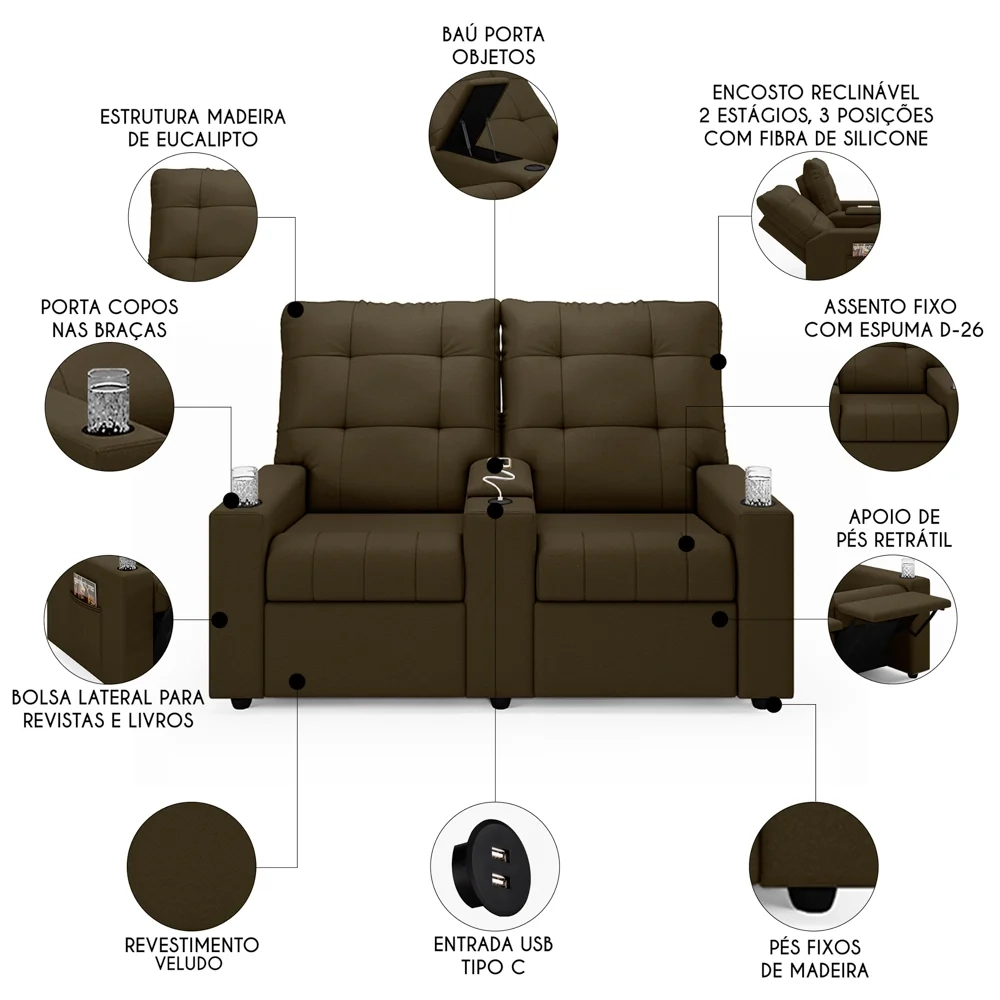 Poltrona de Cinema Reclinável 2 Lugares Baú USB Mallie FH9 Veludo Capuccino - Mpozenato