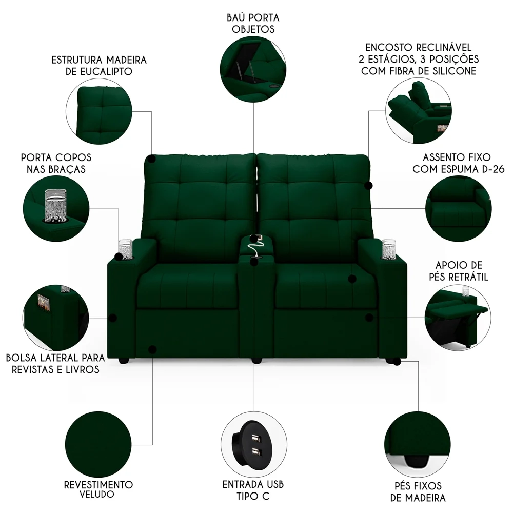 Poltrona de Cinema Reclinável 2 Lugares Baú USB Mallie FH9 Veludo Verde - Mpozenato