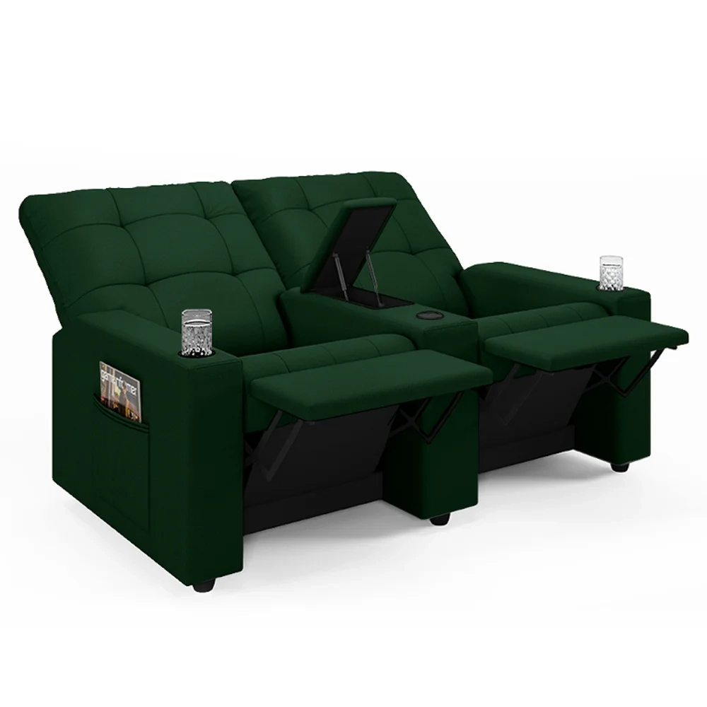 Poltrona de Cinema Reclinável 2 Lugares Baú USB Mallie FH9 Veludo Verde - Mpozenato