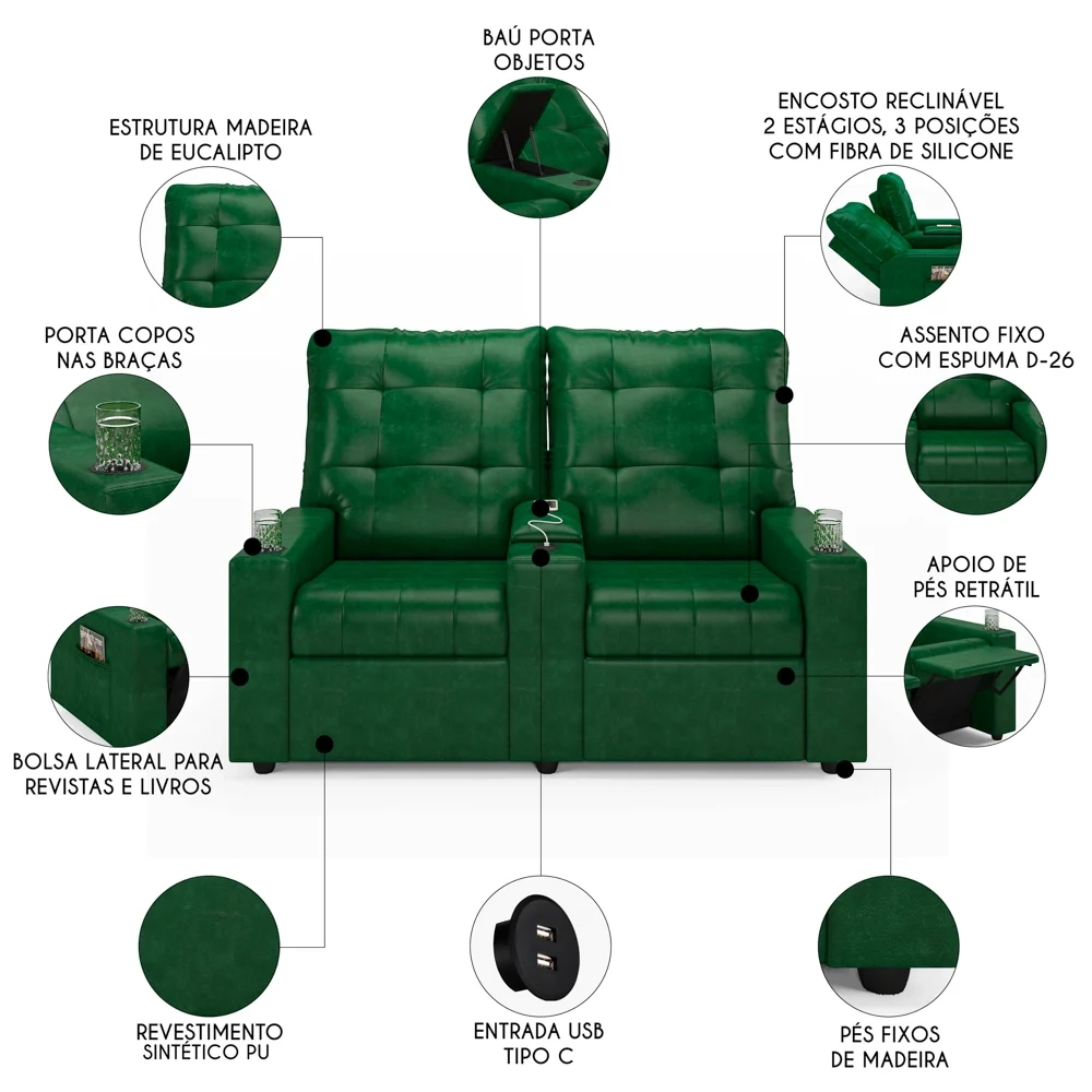 Poltrona de Cinema Reclinável 2 Lugares Baú USB Mallie FH9 PU Verde Musgo - Mpozenato