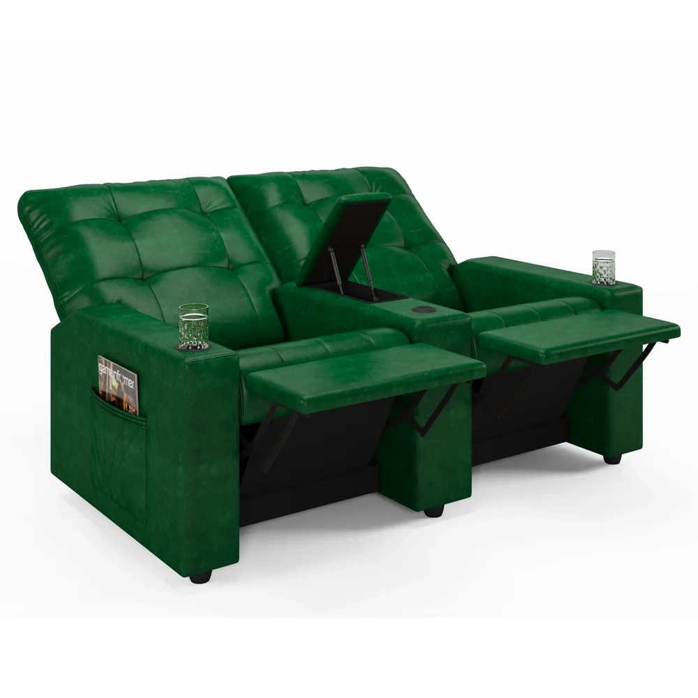 Poltrona de Cinema Reclinável 2 Lugares Baú USB Mallie FH9 PU Verde Musgo - Mpozenato