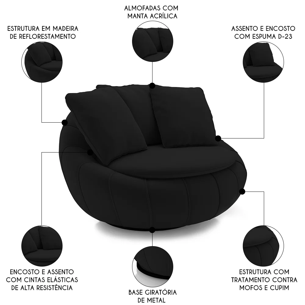 Poltrona Decorativa Redonda Giratória com Almofadas Saphire Z32 Veludo Preto - Mpozenato