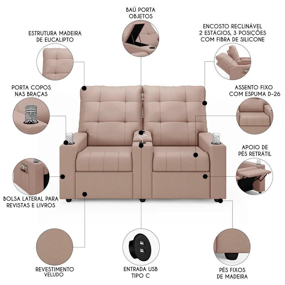 Poltrona de Cinema Reclinável 2 Lugares Baú USB Mallie FH9 Veludo Rosê - Mpozenato