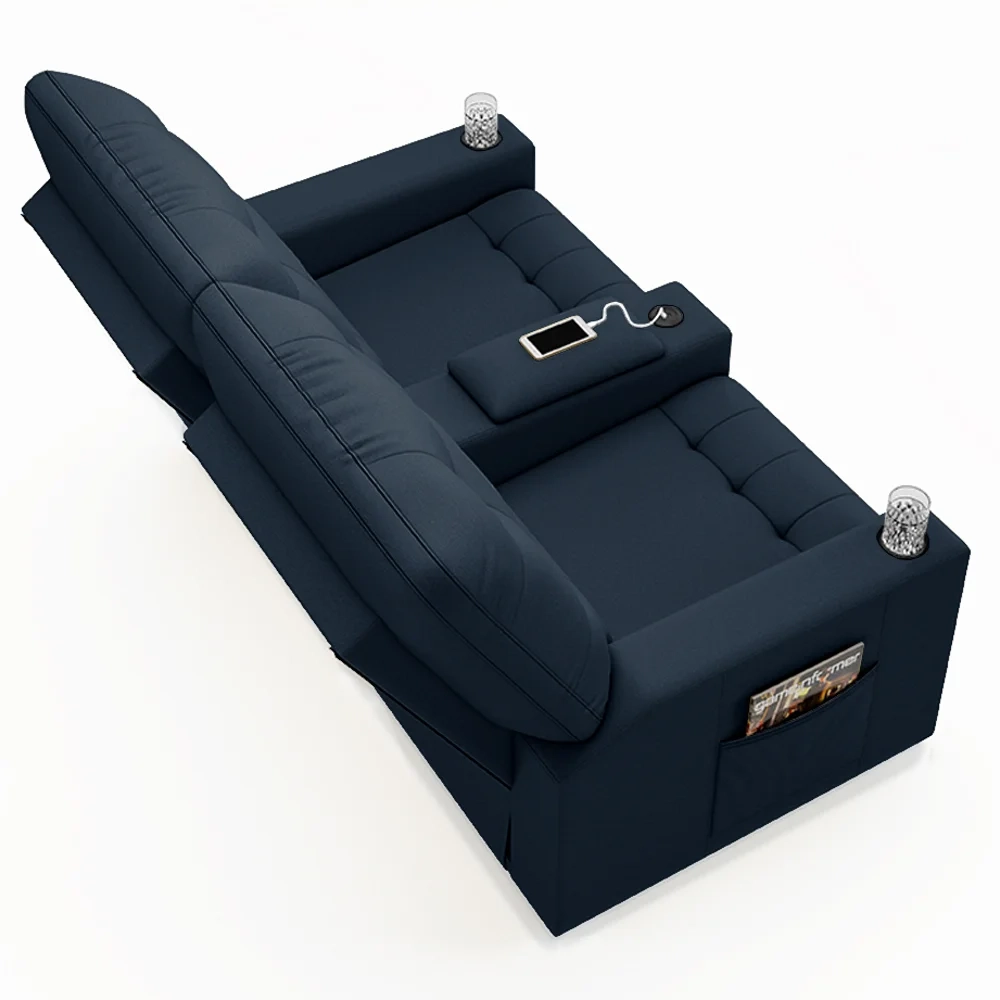 Poltrona de Cinema Reclinável 2 Lugares Baú USB Mallie FH9 Veludo Azul - Mpozenato