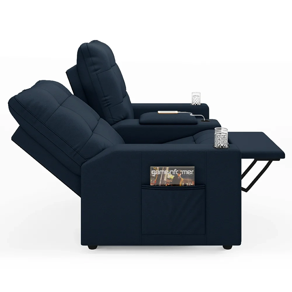 Poltrona de Cinema Reclinável 2 Lugares Baú USB Mallie FH9 Veludo Azul - Mpozenato