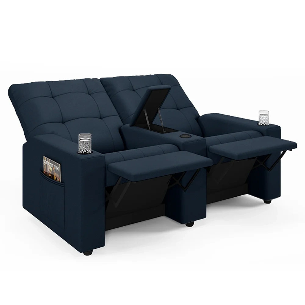 Poltrona de Cinema Reclinável 2 Lugares Baú USB Mallie FH9 Veludo Azul - Mpozenato
