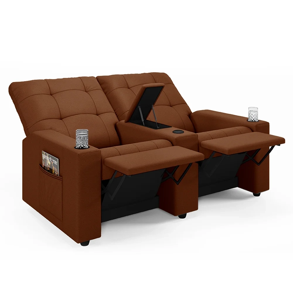 Poltrona de Cinema Reclinável 2 Lugares Baú USB Mallie FH9 Veludo Terracota - Mpozenato