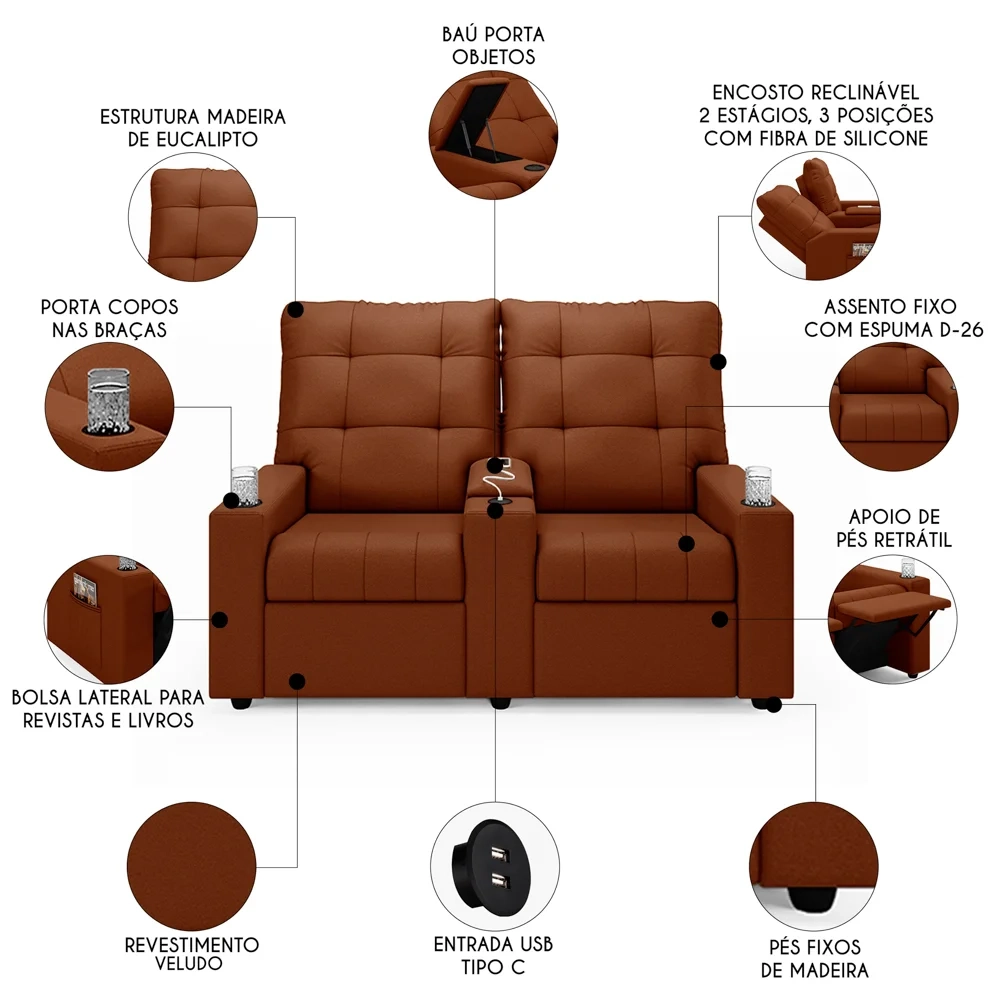 Poltrona de Cinema Reclinável 2 Lugares Baú USB Mallie FH9 Veludo Terracota - Mpozenato