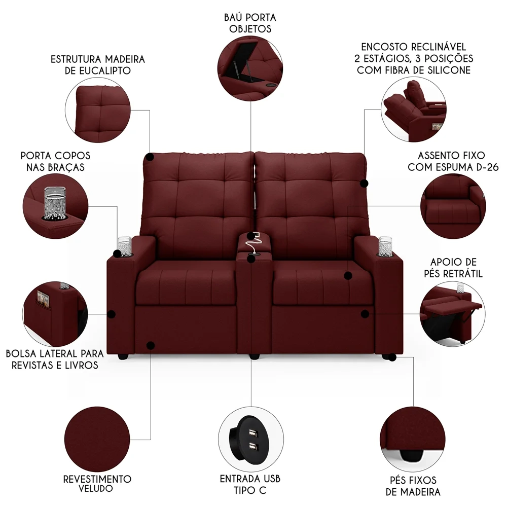 Poltrona de Cinema Reclinável 2 Lugares Baú USB Mallie FH9 Veludo Vinho - Mpozenato